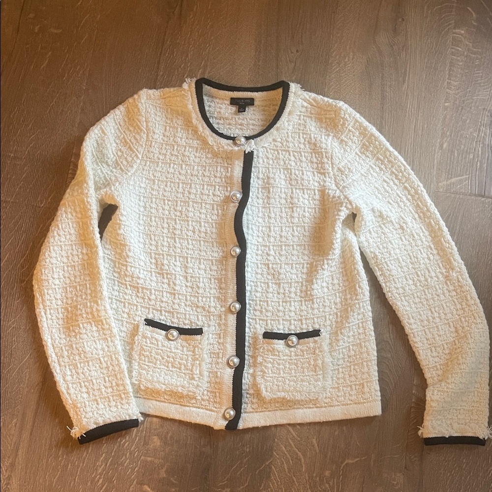 Talbots PetiteWhite Knit Sweater with Black Accents